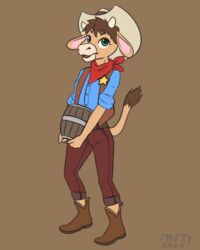  2020 4:5 absurd_res anthro barrel boots bovid bovine brown_hair cattle clothing cody_calf cowboy_boots cowboy_hat footwear green_eyes hair hat headgear headwear hi_res kerchief male mammal neckerchief signature simple_background solo topwear vest wild_west_c.o.w.-boys_of_moo_mesa zener_(artist) 