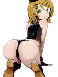  ass bikkuuri_ottamageruta black_footwear black_gloves black_panties black_star_(module) blonde_hair blue_eyes closed_mouth commentary crop_top female fingerless_gloves from_behind gloves hair_between_eyes hair_ornament hairclip kagamine_rin looking_at_viewer looking_back panties partially_visible_vulva project_diva_(series) shiny_skin short_hair simple_background sleeveless solo thong underwear vocaloid white_background 