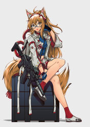  ak-74u_(girls&#039;_frontline) ak-74u_(girls&#039;_frontline)_(cosplay) ak-74u_(lily_of_the_valley)_(girls&#039;_frontline) aks-74u alternate_costume animal_ears assault_rifle bare_legs blonde_hair blue_gloves blue_shirt brown_eyes commission concept_art cosplay crossed_legs female girls&#039;_frontline glasses gloves gun hair_ornament hand_on_leg hand_on_own_head headphones highres holding holding_weapon jacket kalashnikov_rifle long_hair looking_at_viewer official_alternate_costume open_clothes open_jacket open_mouth original over_shoulder persocon93 pixiv_commission red_legwear rifle shirt sitting solo tail weapon weapon_over_shoulder white_background white_footwear white_jacket 