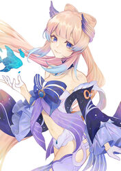  bare_shoulders blue_bow blue_dress blue_hair bow commentary cowboy_shot dress female frilled_sleeves frills genshin_impact gloves gradient_hair highres karen_ngao long_hair long_sleeves looking_at_viewer multicolored_hair navel off-shoulder_dress off_shoulder pink_hair purple_eyes sangonomiya_kokomi short_shorts shorts sidelocks simple_background smile solo standing stomach thighs white_background white_gloves white_shorts wide_sleeves 