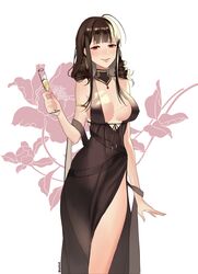  absurdres artist_name blush breasts brown_dress brown_hair closed_mouth cup dress drill_hair drill_sidelocks drinking_glass dsr-50_(girls&#039;_frontline) dsr-50_(highest_bid)_(girls&#039;_frontline) female girls&#039;_frontline highres holding holding_cup korean_commentary lips long_hair looking_at_viewer medium_breasts official_alternate_costume red_eyes sidelocks simple_background smile sobi_(dnenqkswja) solo standing wine_glass 