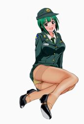  ass black_footwear bob_cut brown_hair dress_shirt emblem female female_service_cap green_hair green_hat green_jacket green_neckerchief green_skirt hat high_heels idolmaster idolmaster_(classic) insignia jacket japan_ground_self-defense_force japan_self-defense_force legs lying military military_hat military_uniform miniskirt mole mole_under_mouth nakamura_3sou neckerchief on_side otonashi_kotori panties pants pantyhose see-through see-through_legwear shirt short_hair simple_background skirt solo striped_clothes striped_panties thighband_pantyhose underwear uniform white_background white_shirt wing_collar 