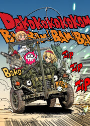  action alice_margatroid blonde_hair blue_eyes blue_sky boonie_hat bow car clear_sky commentary_request day doll driving emphasis_lines female green_headwear grenade_launcher gun hourai_doll jeep m60 milkor_mgl motor_vehicle nakamura_3sou one_eye_closed open_mouth outdoors projectile_trail red_bow shanghai_doll short_hair skull sky sound_effects submachine_gun touhou translation_request type_100_smg vehicle_focus weapon 