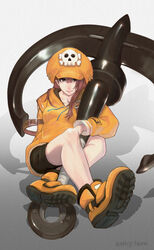  anchor bandages black_shorts brown_eyes brown_hair closed_mouth collarbone female film_grain full_body gradient_background guilty_gear guilty_gear_strive hair_between_eyes hat hat_ornament highres holding holding_anchor holding_weapon hood hood_down hoodie long_hair looking_at_viewer may_(guilty_gear) orange_footwear orange_hat orange_hoodie shorts skull_hat_ornament smile solo tsuna_(akmu8832) twitter_username weapon 