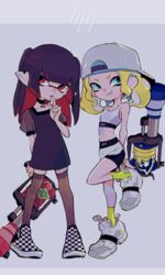  2girls aqua_eyes backwards_hat black_choker black_dress black_footwear black_hair black_legwear blonde_hair blunt_bangs blunt_ends checkered_footwear choker closed_mouth colored_inner_hair commentary crop_top dress earclip frown grey_background h-3_nozzlenose_(splatoon) hand_to_own_mouth hat holding holding_weapon imaikuy0 inkling inkling_girl inkling_player_character leg_up long_hair looking_at_viewer medium_hair multicolored_hair multiple_girls nike_(company) octoling octoling_player_character pointy_ears puffy_short_sleeves puffy_sleeves red_eyes shirt shoes short_dress short_sleeves shorts smirk sneakers socks splatoon_(series) splatoon_2 sportswear standing standing_on_one_leg suction_cups symbol-only_commentary tank_top tentacle_hair thighhighs twintails weapon white_footwear white_headwear white_shirt white_shorts yellow_legwear 