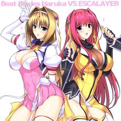  2girls beat_angel_escalayer black_gloves blonde_hair blue_eyes breasts choukou_sennin_haruka cleavage cosplay costume_switch covered_navel cowboy_shot elbow_gloves escalayer fingerless_gloves fishnets gloves halcon heart highres holding impossible_clothes kouenji_sayuka large_breasts long_hair multiple_girls open_mouth pink_hair pleated_skirt red_skirt simple_background skin_tight skirt takamori_haruka very_long_hair white_background white_gloves 