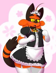  2020 ambiguous_gender anthro anthrofied black_body black_fur clothed clothing elpatrixf fur generation_7_pokemon gloves handwear hi_res maid_uniform nintendo pokemon pokemon_(species) pokemorph red_body red_fur solo torracat torrapat uniform yellow_sclera 