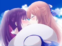  2girls artist_name blue_sky blush braid brown_hair close-up closed_eyes closed_mouth commentary_request day embarrassed from_side girls&#039;_frontline hair_between_eyes hair_ornament hair_ribbon hat imminent_kiss lips long_hair looking_at_another multiple_girls official_alternate_costume open_mouth ponytail purple_hair red_eyes ribbon sidelocks sky springfield_(girls&#039;_frontline) springfield_(stirring_mermaid)_(girls&#039;_frontline) sui_(camellia) sweat unworn_hat unworn_headwear wa2000_(girls&#039;_frontline) wa2000_(op._manta_ray)_(girls&#039;_frontline) white_headwear yuri 