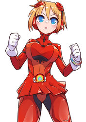  absurdres bandaid bandaid_on_face bandaid_on_nose blonde_hair blue_eyes blush bodysuit cowboy_shot disgaea female gloves hair_between_eyes highres legs_apart looking_at_viewer makai_senki_disgaea_6 nijino_piyori open_mouth red_bodysuit red_skirt shiny_clothes short_hair simple_background skin_tight skirt solo standing tokusatsu white_background white_gloves yamaiimo 