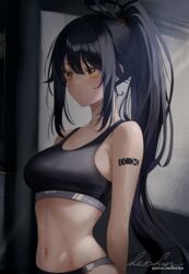  arm_tattoo artist_name bare_arms bare_shoulders belly black_buruma black_hair black_sports_bra breasts buruma cleavage crop_top expressionless female heichanart highres long_hair looking_to_the_side medium_breasts midriff navel patreon_username piercing ponytail saki_fuwa_(tower_of_fantasy) sleeveless sports_bikini sports_bra stomach tattoo tower_of_fantasy yellow_eyes 