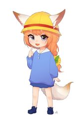  alternate_costume animal_ears bad_id bad_pixiv_id blue_eyes blue_footwear blue_skirt eight-tailed_fox_nari female fox_ears fox_girl fox_tail full_body guardian_tales hand_up hat highres kindergarten_uniform korean_commentary lolicon looking_at_viewer open_mouth orange_hair school_hat sinlu skirt solo tail white_background 