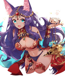  animal_ears blue_eyes breasts dark-skinned_female dark_skin fate/grand_order fate_(series) female hood kak_hac large_breasts long_hair navel oerba_yun_fang oil_lamp purple_hair queen_of_sheba_(fate) sitting solo solomon_(fate) 