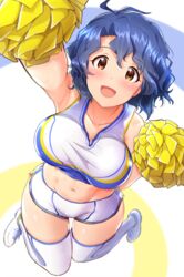  antenna_hair armpits blue_hair blush breasts brown_eyes cheerleader crop_top female highres homco idolmaster idolmaster_million_live! idolmaster_million_live!_theater_days large_breasts midriff navel open_mouth pom_pom_(cheerleading) short_hair short_shorts shorts sleeveless solo tank_top thighhighs toyokawa_fuka wavy_hair 