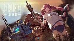  1boy apex_legends assault_rifle bad_id bad_twitter_id borrowed_character brown_gloves buruma canine character_name commentary_request copyright_name elbow_pads female fingerless_gloves floating_hair gloves golden_retriever gun gym_shirt gym_uniform hemlok holding holding_gun holding_weapon humanoid_robot logo looking_up one-eyed open_hand orange_eyes original parted_lips passimo pathfinder_(apex_legends) r-301_carbine red_eyes red_hair rifle robot sample_watermark shirt twintails watermark weapon 