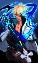  1boy aqua_hair bare_pectorals belt blonde_hair blue_gloves blue_hair blue_sclera brown_belt claws collarbone colored_sclera cross dragon_install film_grain fingerless_gloves fingernails flaming_eye gloves glowing glowing_eye green_eyes guilty_gear guilty_gear_strive hair_between_eyes highres holding holding_sword holding_weapon ky_kiske male_focus multicolored_hair open_mouth partially_fingerless_gloves pectorals red_eyes scabbard sheath solo sword teeth thunderseal tsuna_(akmu8832) twitter_username upper_teeth_only weapon 