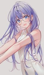  :d absurdres alternate_hair_length alternate_hairstyle bad_id bad_pixiv_id bare_arms bare_shoulders blue_eyes blush commentary cowboy_shot dress elsword female glasses grey_background highres lium long_hair looking_at_viewer open_mouth purple_hair rimless_eyewear round_eyewear simple_background sleeveless sleeveless_dress smile upper_body very_long_hair white_dress yuria_landar 