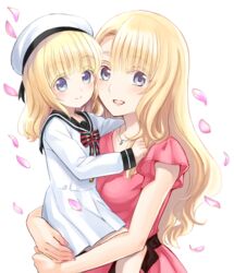  2girls :d aged_down beret black_sailor_collar blonde_hair blue_eyes blush bow carrying collarbone colored_eyelashes commentary_request dahlia_academy_boarding_school_uniform dress fingernails hat highres jewelry juliet_persia kishuku_gakkou_no_juliet lolicon long_hair long_sleeves looking_at_viewer mother_and_daughter multiple_girls nail_polish natsupa open_mouth pendant petals pink_dress pink_nails ragdoll_persia sailor_collar sailor_dress school_uniform short_sleeves simple_background smile striped striped_bow very_long_hair white_background white_dress white_headwear 