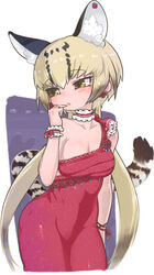  alternate_costume animal_ears blonde_hair brown_hair cat_ears cat_girl cat_tail choker commentary_request dress earrings extra_ears female frilled_choker frills highres jewelry kemono_friends kuro_(kurojill) long_hair multicolored_hair neck_ribbon ocelot_(kemono_friends) ocelot_print orange_eyes red_choker red_dress red_ribbon ribbon single-shoulder_dress single_strap solo tail twintails white_choker 