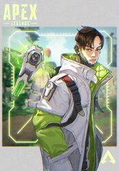  1boy apex_legends bad_id bad_twitter_id belt black_eyes black_hair commentary_request copyright_name crypto_(apex_legends) cyborg drone from_side green_sleeves hack_(apex_legends) hands_in_pockets jacket logo looking_at_viewer male_focus passimo science_fiction solo_focus undercut v-shaped_eyebrows white_jacket 