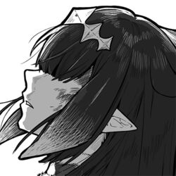  blood blood_on_face blunt_bangs commentary covered_eyes english_commentary female gradient_hair greyscale hair_over_eyes hololive hololive_english kaneki_profile_picture_(meme) leaning_back long_hair lowres meme monochrome multicolored_hair ninomae_ina&#039;nis ninomae_ina&#039;nis_(artist) parody parted_lips pointy_ears self-portrait sidelocks solo tentacle_hair tokyo_ghoul tokyo_ghoul:re virtual_youtuber white_background 