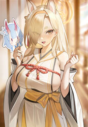  absurdres blonde_hair blue_archive blurry blurry_background breasts chise_(blue_archive) chungla detached_sleeves extra_ears eyes_visible_through_hair female hair_over_one_eye hairband halo highres indoors japanese_clothes kaho_(blue_archive) kimono large_breasts long_hair looking_at_viewer mole mole_under_mouth open_mouth orange_hairband sideboob sideless_kimono smile solo white_kimono white_sleeves wide_sleeves yellow_eyes 