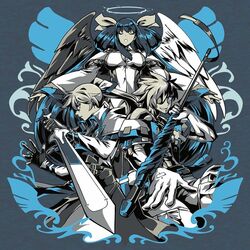  2boys asymmetrical_wings belt black_panties blonde_hair blue_eyes blue_hair breasts choker cleavage closed_eyes commentary cross detached_sleeves dizzy_(guilty_gear) english_commentary eyepatch family father_and_son female fingerless_gloves fingernails flagpole gloves guilty_gear guilty_gear_xrd hair_between_eyes hair_over_one_eye hair_ribbon hair_rings halo hand_on_own_chest husband_and_wife kenshin187 ky_kiske large_breasts long_hair magnolia_eclair_ii monster_girl mother_and_son multiple_boys panties ponytail ribbon shaded_face sin_kiske smirk sword twintails underwear weapon wings yellow_ribbon 