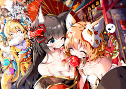  5girls aloe_(kenkou3733) animal_ear_fluff animal_ears april_(pride_of_eden) architecture bare_shoulders black_hair blonde_hair blush candy_apple cat_mask collarbone commentary_request east_asian_architecture eating food francesca_(pride_of_eden) japanese_clothes kimono lily_(pride_of_eden) low_neckline mask multiple_girls off_shoulder official_alternate_costume oil-paper_umbrella olivia_(pride_of_eden) red:_pride_of_eden shannon_(pride_of_eden) smile umbrella 