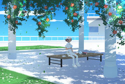  1boy aether_foundation_employee bad_id bad_pixiv_id banned_artist bench bird bottle brown_hair cloud commentary_request day flower hat holding holding_bottle jumpsuit leaves_in_wind male_focus nin_(female) open_mouth orange_flower outdoors pokemon pokemon_(creature) pokemon_(game) pokemon_sm pyukumuku shoes short_hair sitting sky sleeves_rolled_up smile white_footwear white_headwear white_jumpsuit 