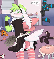  ambiguous_gender anthro blush canid chessy_(shaymin) clothed clothing colored_nails crossdressing dialogue duo eeveelution english_text footwear generation_2_pokemon generation_4_pokemon hi_res inanimate_object izzyhime legendary_pokemon looking_at_viewer looking_back looking_back_at_viewer maid_uniform makeup male mammal nachie nails nintendo panties plushie pokemon pokemon_(species) pokemon_plushie shaymin shiny_pokemon sky_forme_shaymin socks solo_focus speech_bubble tail teddiursa teddiursa_plushie text umbreon underwear uniform 