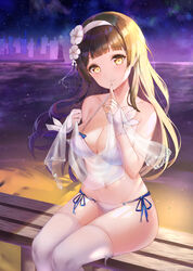  absurdres alternate_costume bad_id bad_pixiv_id beach bikini black_hair blush breasts cleavage closed_mouth female finger_to_mouth flower girls&#039;_frontline gloves hair_flower hair_ornament hairband highres large_breasts long_hair looking_at_viewer meliyannn night official_alternate_costume shushing side-tie_bikini_bottom sitting sky smile solo star_(sky) starry_sky string_bikini swimsuit thighhighs type_95_(girls&#039;_frontline) type_95_(summer_cicada)_(girls&#039;_frontline) very_long_hair wet white_bikini white_gloves white_hairband white_thighhighs yellow_eyes 