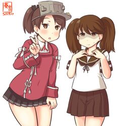  2021 2girls artist_logo black_skirt brown_hair brown_sailor_collar brown_skirt commentary_request cosplay costume_switch cowboy_shot dated japanese_clothes kanon_(kurogane_knights) kantai_collection kariginu leaning_forward long_hair looking_at_viewer multiple_girls one-hour_drawing_challenge pleated_skirt ponytail red_shirt ryuujou_(kancolle) ryuujou_(kancolle)_(cosplay) sailor_collar school_uniform serafuku shaded_face shikinami_(kancolle) shikinami_(kancolle)_(cosplay) shirt short_hair simple_background skirt twintails v visor_cap white_background 