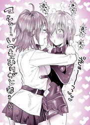  2girls ahoge armor armored_dress bad_id bad_pixiv_id bare_shoulders black_skirt blush breasts chaldea_uniform closed_eyes elbow_gloves embarrassed fate/grand_order fate_(series) fujimaru_ritsuka_(female) gloves hair_over_one_eye heart highres hug kimidake looking_at_another mash_kyrielight monochrome multiple_girls no_legwear one_side_up short_hair skirt smile steaming_body sweat translation_request wide-eyed yuri 