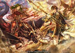  4boys armor ascot battle brown_eyes brown_hair cape day dragon fingerless_gloves fire_emblem fire_emblem:_genealogy_of_the_holy_war gae_bolg_(fire_emblem) gem gloves glowing glowing_weapon green_hair gungnir_(fire_emblem) helmet holding holding_weapon horse horseback_riding long_hair multiple_boys official_art outdoors polearm quan_(fire_emblem) red_armor red_eyes red_gloves riding spear takaya_tomohide travant_(fire_emblem) trident very_long_hair watermark weapon white_cape white_gloves wyvern yellow_eyes 