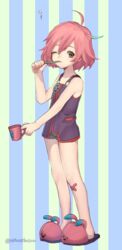  bandages brushing_teeth cup female full_body highres looking_at_viewer murata_tefu one_eye_closed pink_hair short_hair slippers solo star_ocean star_ocean_anamnesis toothbrush verda_kleiman yellow_eyes 