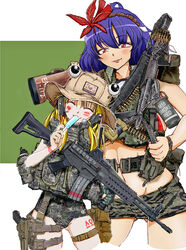  2girls ammunition_belt assault_rifle belt black_headband blonde_hair blue_hair bob_cut body_armor body_writing boonie_hat brown_headwear camouflage camouflage_shirt camouflage_skirt camouflage_swimsuit closed_eyes closed_mouth commentary_request cropped_legs daewoo_k2 digital_camouflage english_text explosive facial_mark facing_viewer food food_in_mouth grenade grey_one-piece_swimsuit grey_shorts grey_skirt groin gun hachimaki hair_ornament half-closed_eyes headband highres holding holding_food holding_weapon holster korean_text leaf_hair_ornament leaning_to_the_side light_machine_gun looking_at_viewer m60 microskirt moriya_shrine moriya_suwako multiple_girls nakamura_3sou navel one-piece_swimsuit over_shoulder popsicle pouch red_eyes rifle shirt shorts skirt smile smoke_grenade standing swimsuit thigh_holster thigh_pouch touhou translation_request tropical_camouflage utility_belt weapon weapon_over_shoulder yasaka_kanako 