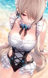  alternate_costume arm_support black_ribbon blush bow bowtie breasts cleavage closed_mouth day detached_collar earrings feet_out_of_frame female frilled_one-piece_swimsuit frills groin hair_over_one_eye hair_ribbon highres honkai_(series) honkai_impact_3rd jewelry kfr large_breasts light_brown_hair long_hair looking_at_viewer maid maid_headdress maid_one-piece_swimsuit mole mole_under_eye one-piece_swimsuit one_eye_closed open_mouth outdoors purple_eyes ribbon rita_rossweisse rita_rossweisse_(phantom_iron) shiny_skin sidelocks sitting smile solo swimsuit thighs unconventional_maid very_long_hair wet 