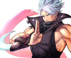  1boy arm_blade chipp_zanuff commentary_request earrings fingernails gesture_request grey_hair guilty_gear guilty_gear_strive jewelry kuji-in male_focus muscular muscular_male ninja parted_lips purple_eyes simple_background single_earring smile solo torn torn_clothes tsuna_(akmu8832) twitter_username upper_body weapon white_background zipper 