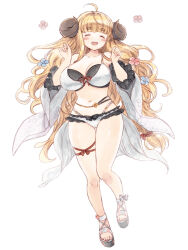  ahoge anila_(granblue_fantasy) anila_(summer)_(granblue_fantasy) bare_shoulders bikini blonde_hair blush_stickers breasts cleavage closed_eyes collarbone detached_sleeves draph ekra female full_body granblue_fantasy highres horns large_breasts leg_ribbon long_hair navel open_mouth platform_footwear ribbon sheep_horns short_eyebrows skindentation smile solo swimsuit thick_eyebrows thick_thighs thigh_ribbon thighs very_long_hair 