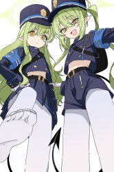  2girls :d absurdres armband black_hat black_shorts black_skirt black_tail blue_archive blue_armband commentary_request demon_tail drive_shot feet foot_focus from_below green_hair green_halo halo hand_on_own_hip hat highres hikari_(blue_archive) long_hair looking_at_viewer multiple_girls navel no_shoes nozomi_(blue_archive) oerba_yun_fang pantyhose peaked_cap pleated_skirt pointy_ears shorts siblings sisters skin_fang skirt smile soles standing standing_on_one_leg tail toes train_conductor twins twintails upshirt v-shaped_eyebrows wavy_hair white_pantyhose yellow_eyes 