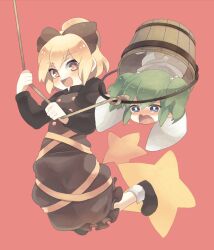  2girls bad_id bad_pixiv_id blonde_hair blue_eyes blush bucket dress green_hair hair_bobbles hair_ornament hair_ribbon in_bucket in_container kisume konbu_ame kurodani_yamame multiple_girls open_mouth ponytail ribbon rope short_hair touhou twintails wooden_bucket yellow_eyes 