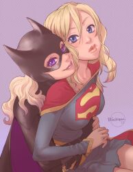  2girls animification batgirl batman_(series) blonde_hair blue_eyes commentary_request costume dc_comics gloves hug hug_from_behind lips mask multiple_girls photoshop_(medium) purple_eyes ricken smile stephanie_brown supergirl superman_(series) 