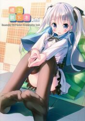  absurdres artbook black_legwear blue_eyes blush bow bowtie capelet cover english_text feet female foot_focus foreshortening hair_ribbon highres long_hair long_sleeves looking_at_viewer miniskirt no_shoes open_mouth original pillow pleated_skirt ribbon shirt sitting skirt smile socks soles solo striped takoyaki_(roast) thighhighs toes twintails white_hair white_shirt 