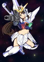  after_war_gundam_x amputee artistic_error beam_rifle brown_hair cosplay crop_top drawfag energy_gun female gun gundam gundam_x gundam_x_(cosplay) mecha_musume midriff navel solo space tiffa_adill weapon 