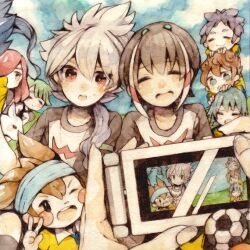  6+boys black_hair camera closed_eyes commentary_request goat green_hair hair_ornament hakuryuu_(inazuma_eleven) ichiko_(hanakasu) inazuma_eleven_(series) inazuma_eleven_go kageyama_hikaru kai_(inazuma_eleven) kariya_masaki long_hair matsukaze_tenma multiple_boys nishizono_shinsuke one_eye_closed open_mouth raimon raimon_soccer_uniform red_eyes red_hair seidou_dan short_hair shuu_(inazuma_eleven) smile soccer_uniform sportswear tsurugi_kyousuke v when_you_see_it white_hair zero_(inazuma_eleven) 