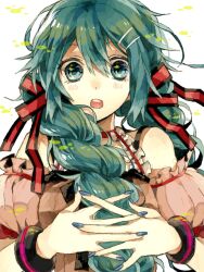  bare_shoulders bracelet commentary_request female green_eyes green_hair hair_ornament hair_ribbon hairclip hatsune_miku jewelry long_hair nail_polish open_mouth ribbon solo twintails vocaloid wonoco0916 