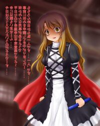  brown_hair cape dress empty_eyes female gradient_hair hijiri_byakuren kotowari_(newtype_kenkyuujo) long_hair mirrored_text multicolored_hair purple_hair reversed scroll solo touhou translated two-tone_hair yandere yellow_eyes 