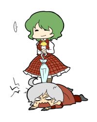  ... 1boy ahoge ascot azu_(kirara310) bad_id bad_pixiv_id black_legwear chibi closed_eyes closed_umbrella coat crossover dante_(devil_may_cry) devil_may_cry_(series) female green_hair grey_hair kazami_yuuka pantyhose parasol plaid plaid_skirt plaid_vest planted planted_umbrella simple_background skirt skirt_set speech_bubble standing_on_person tears touhou umbrella vest wavy_mouth white_background 