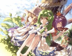  aki_minoriko aki_shizuha alcohol asuka_(louyun) bare_legs bare_shoulders barefoot blonde_hair closed_eyes dappled_sunlight day detached_sleeves dutch_angle feet green_hair hair_ornament hat kagiyama_hina kawashiro_nitori kochiya_sanae lily_pad long_hair looking_at_viewer moriya_suwako mountain_of_faith multiple_girls nature onbashira outdoors purple_hair sake shade shameimaru_aya short_hair sitting smile sunlight torii touhou tree tree_shade under_tree water yasaka_kanako 