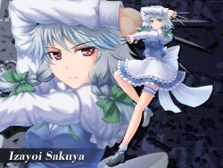  apron braid bridal_garter commentary_request female grey_hair izayoi_sakuya knife maid maid_headdress nazal photoshop_(medium) red_eyes short_hair solo touhou twin_braids zoom_layer 