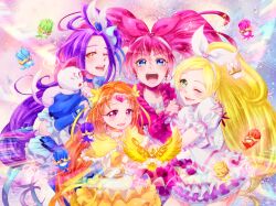  4girls bass_clef beamed_eighth_notes blue_choker bow choker commentary_request crescendo_tone cure_beat cure_melody cure_muse_(yellow) cure_rhythm dodory dory eyelashes fary flat_sign g-clef_(suite_precure) group_picture houjou_hibiki hummy_(suite_precure) ivory_(25680nico) kurokawa_eren lary magical_girl minamino_kanade miry multiple_girls musical_note pink_background pink_bow pink_choker pink_wrist_cuffs precure quarter_note rery seiren_(suite_precure) shirabe_ako sixteenth_note sory suite_precure tiry treble_clef white_choker wrist_cuffs yellow_bow yellow_choker 